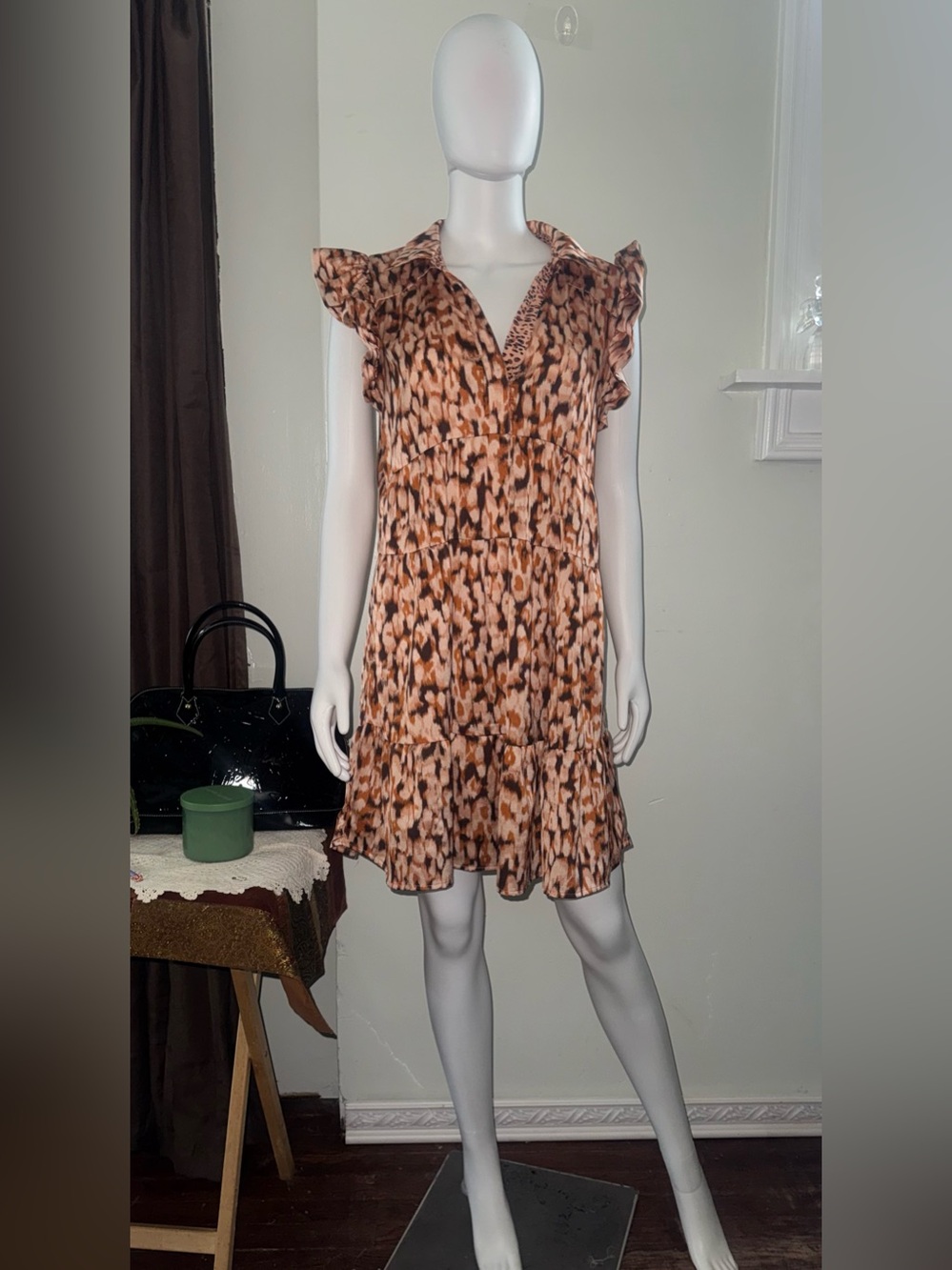Umgee Brown and Black Animal-Print Ruffle V-Neck Mini Dress